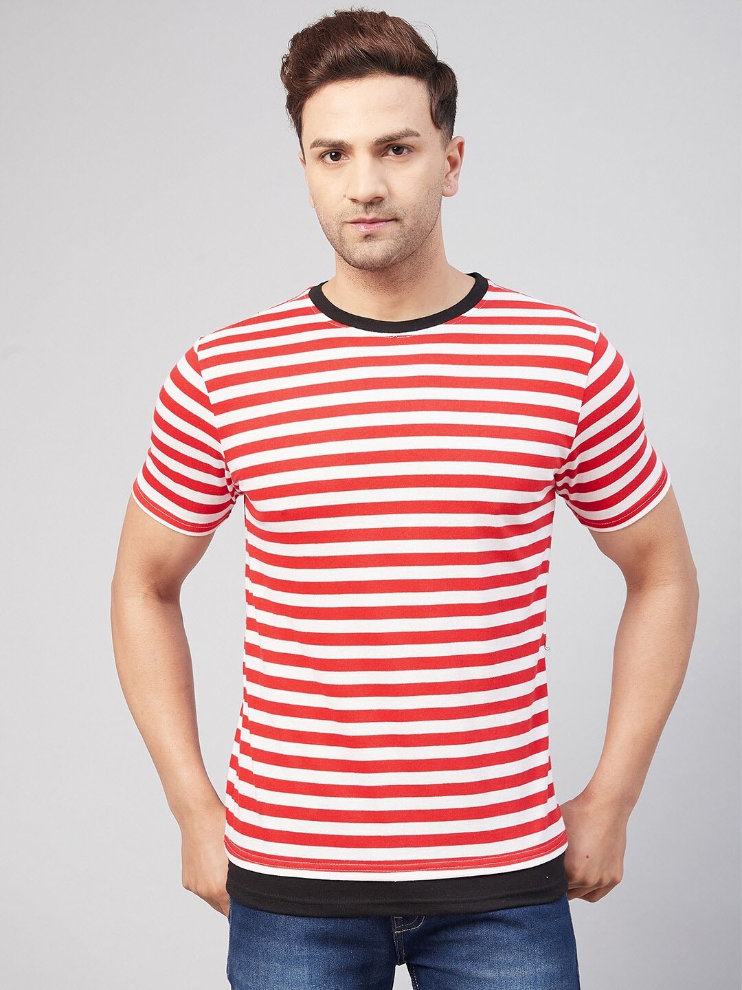 

GRITSTONES Men Cotton Striped T-shirt, Red