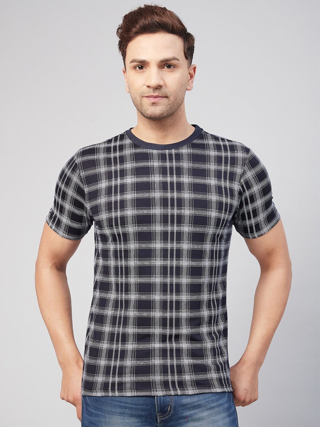 

GRITSTONES Men Cotton Checked T-shirt, Navy blue