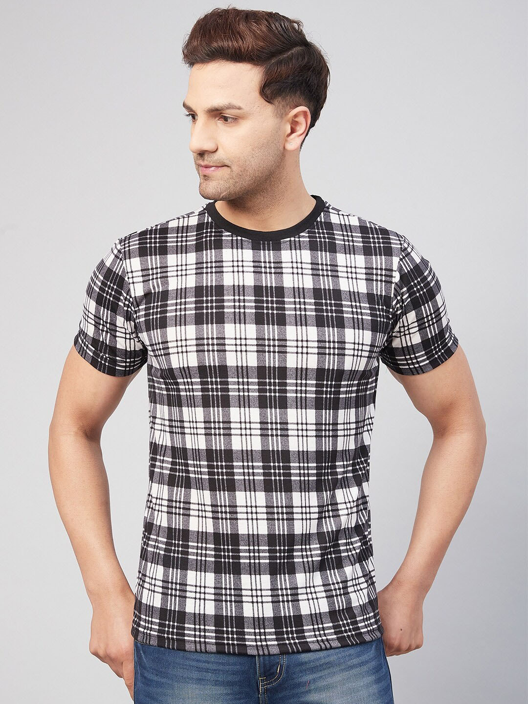 

GRITSTONES Men Cotton Checked T-shirt, Grey