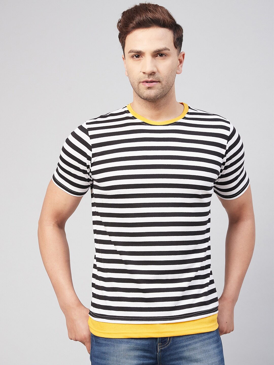 

GRITSTONES Men Cotton Striped T-shirt, Black