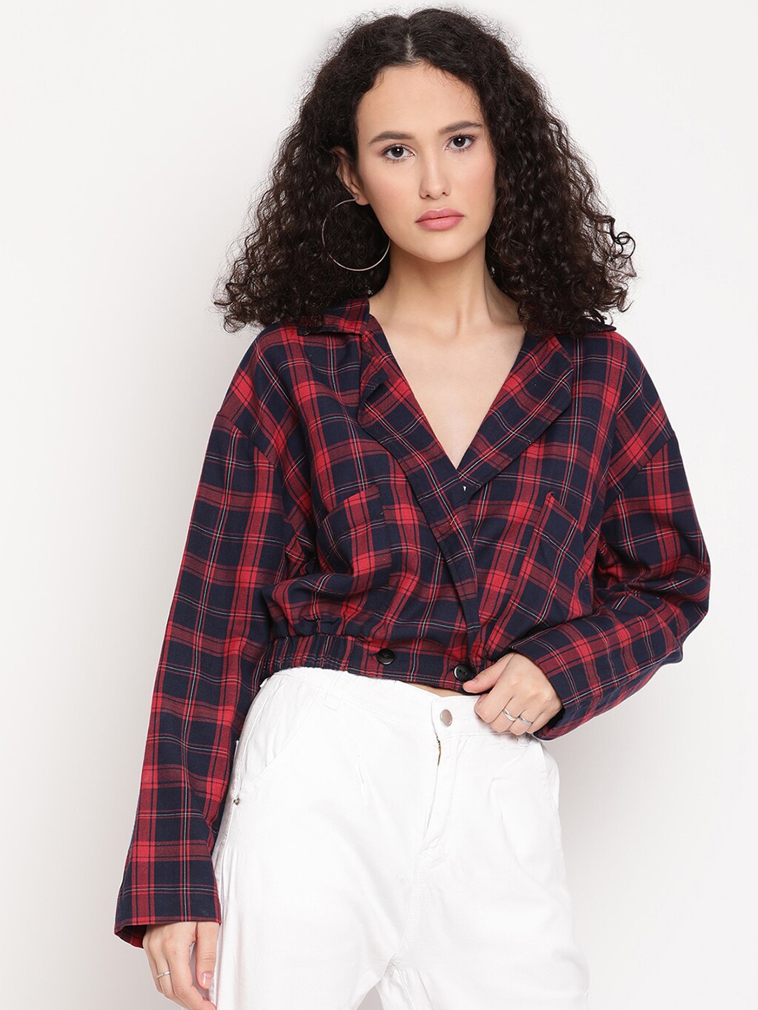 

Amagyaa Women Checked Crop Cotton Tailored Jacket, Navy blue