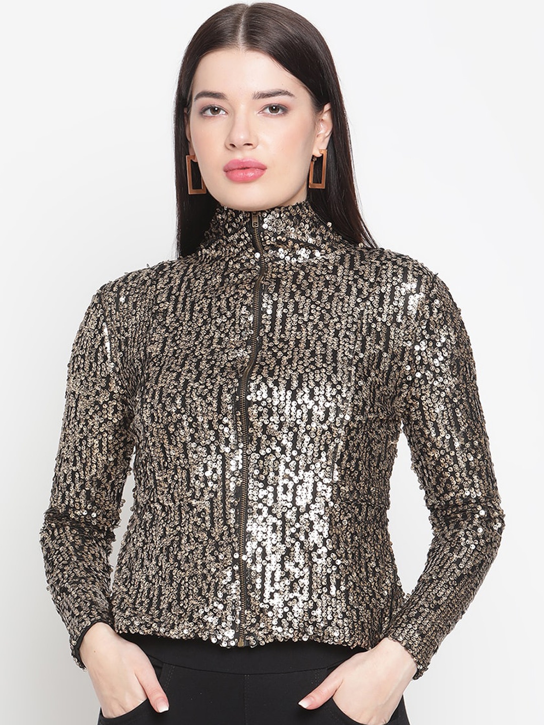 

Amagyaa Women Sequined Crop Tailored Jacket, Black