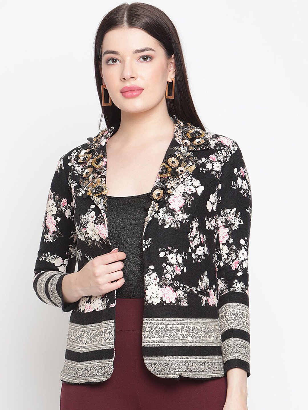 

Amagyaa Women Floral Pure Cotton Front Open Blazer, Black