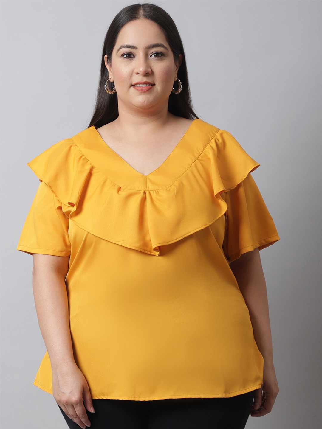 

Flambeur Plus Size Ruffles Crepe Top, Mustard