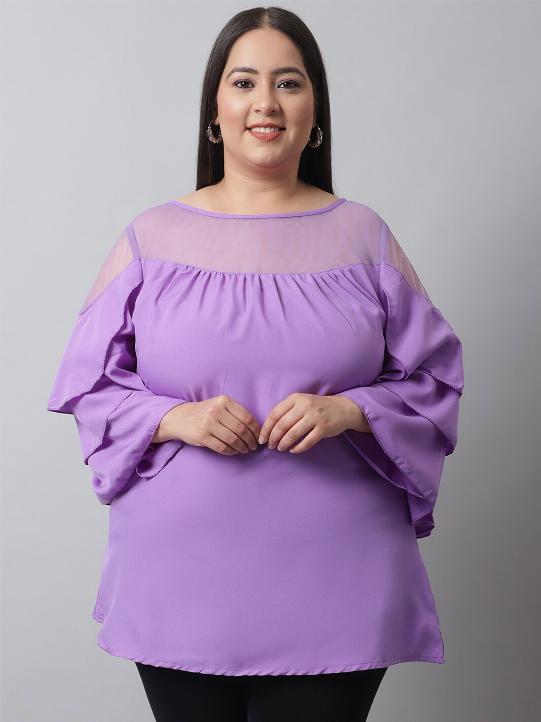 

Flambeur Plus Size Boat Neck Flared Sleeves Crepe Top, Purple