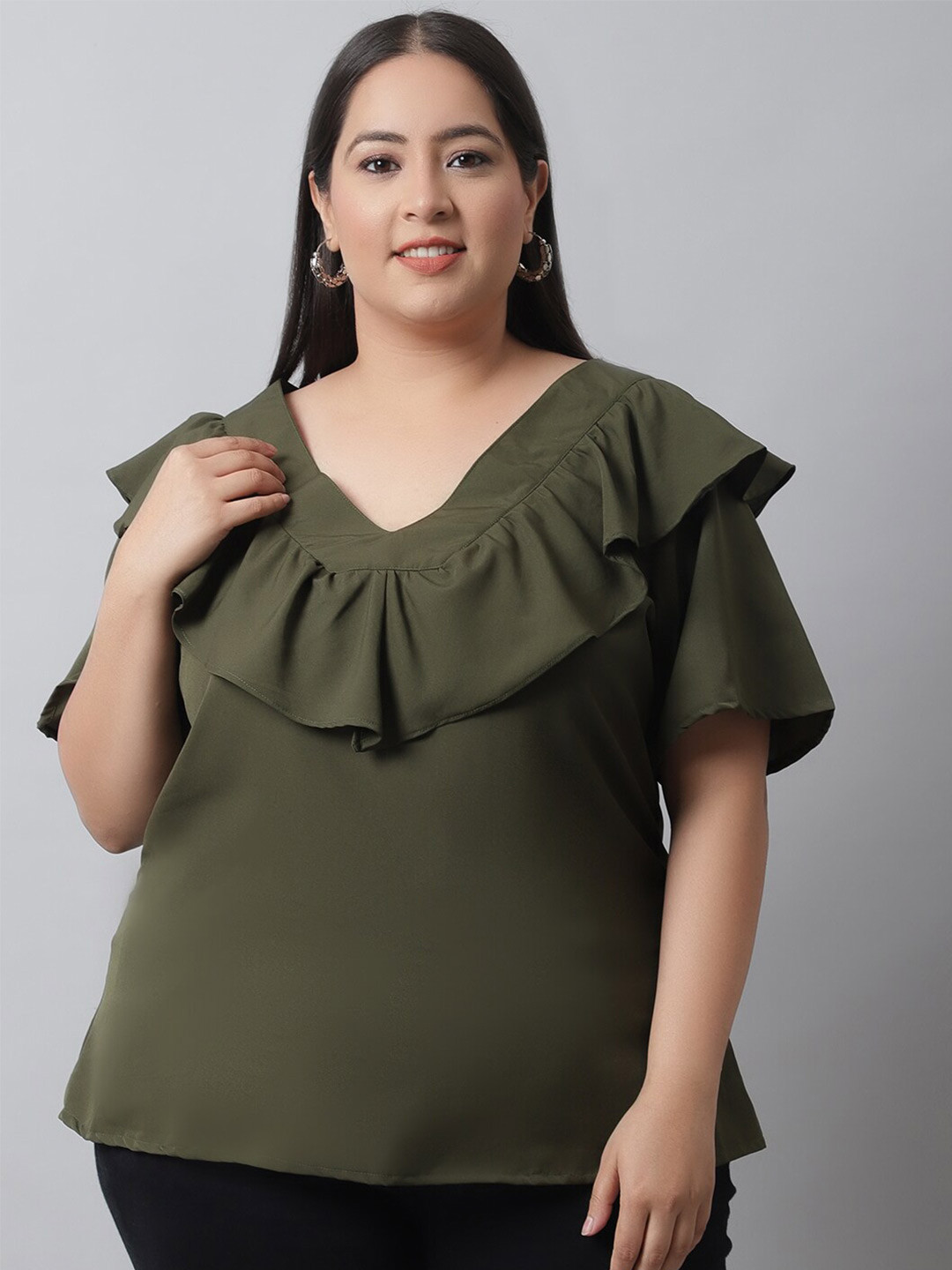 

Flambeur Plus Size Ruffles Crepe Top, Olive
