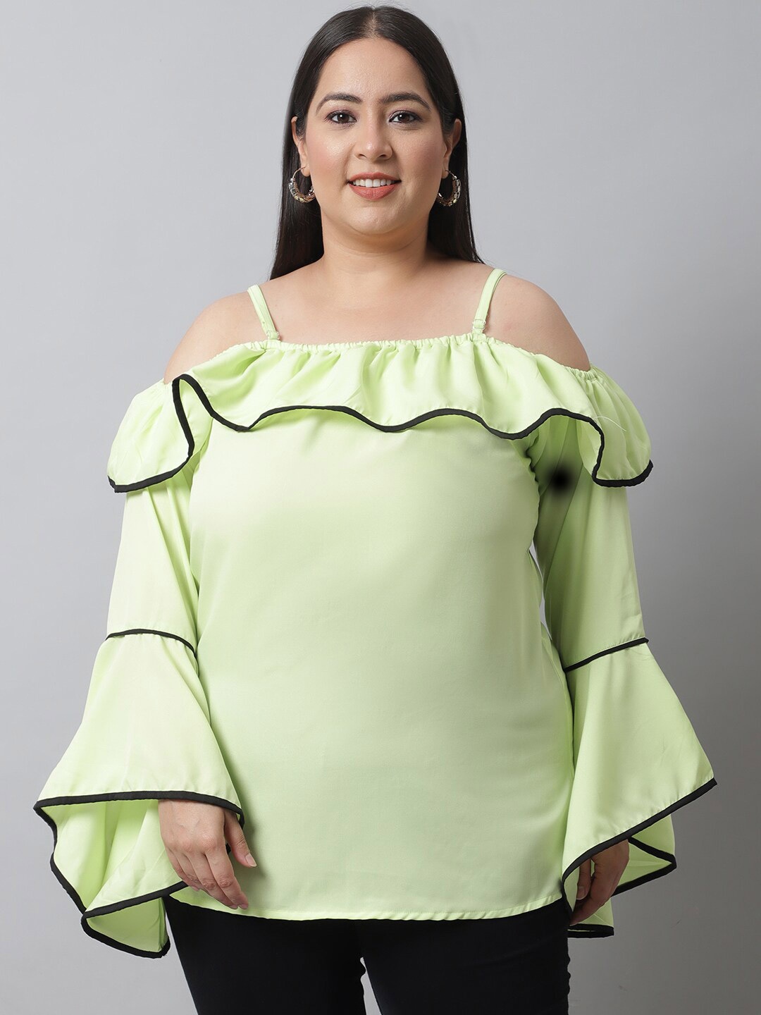 

Flambeur Plus Size Off-Shoulder Ruffles Crepe Top, Green
