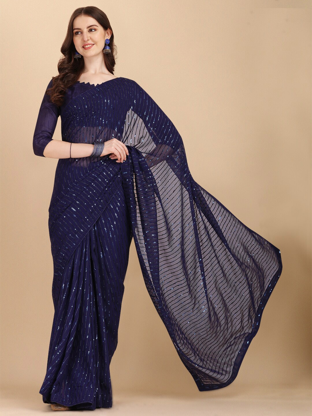 

Fab Dadu Embellished Sequinned Pure Georgette Saree, Navy blue