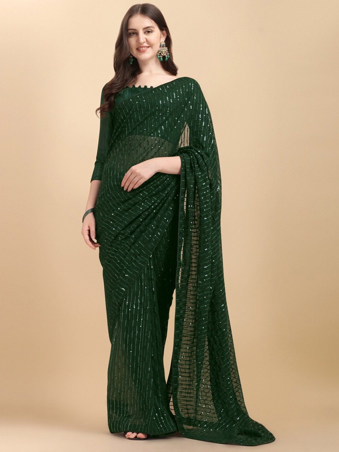 

Fab Dadu Embellished Sequinned Pure Georgette Saree, Green