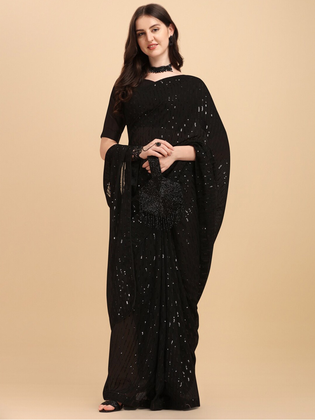 

Fab Dadu Embellished Sequinned Pure Georgette Saree, Black