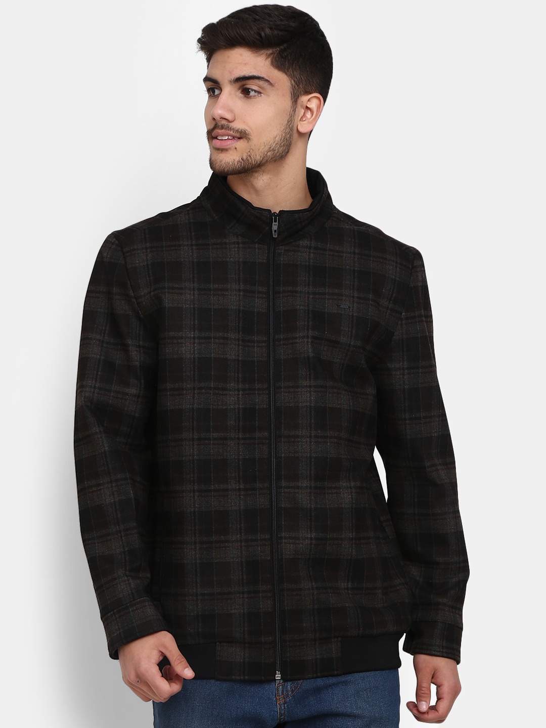 

V-Mart Men Checked Lightweight Longline Outdoor Cotton Tailored Jacket, Brown