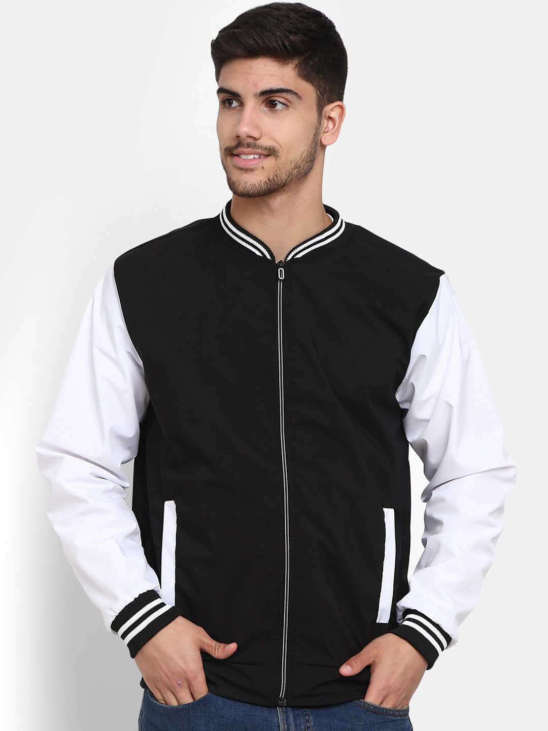 

V-Mart Men Cotton Colourblocked Lightweight Outdoor Bomber Jacket, Black