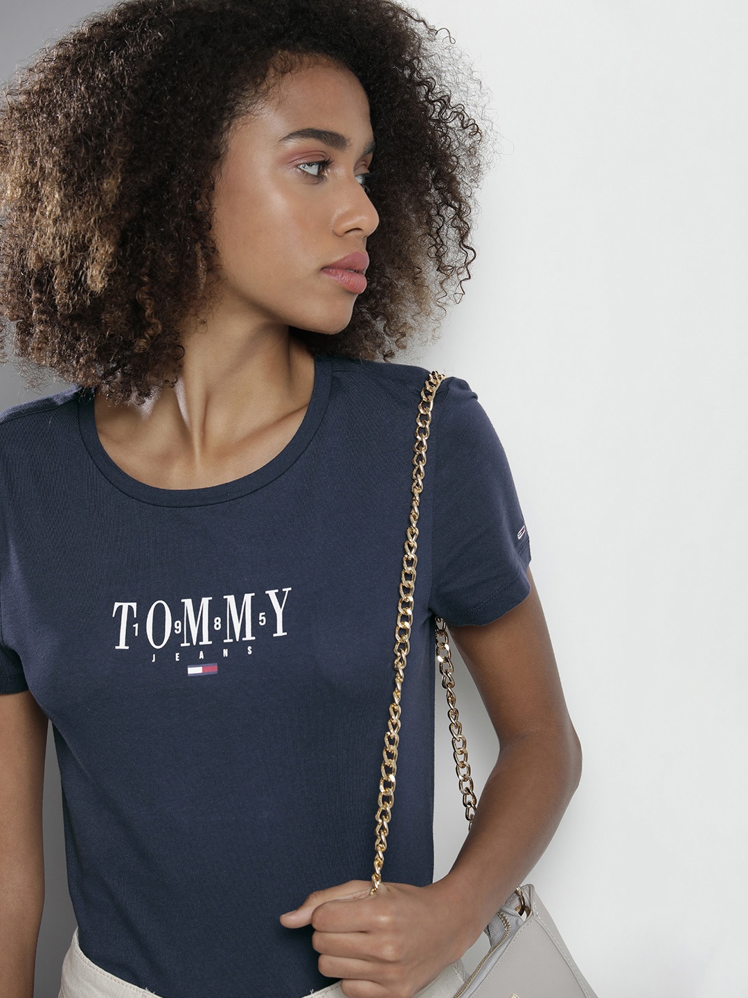 

Tommy Hilfiger Women Brand Logo Printed Pure Cotton Slim Fit T-shirt, Navy blue