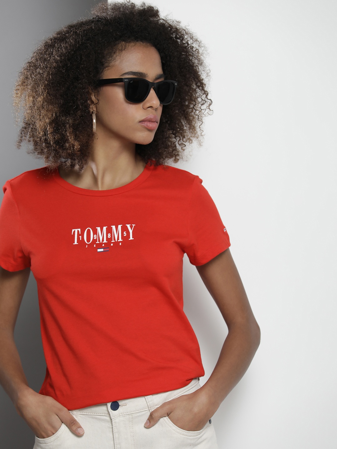 

Tommy Hilfiger Women Brand Logo Printed Pure Cotton Slim Fit T-shirt, Red