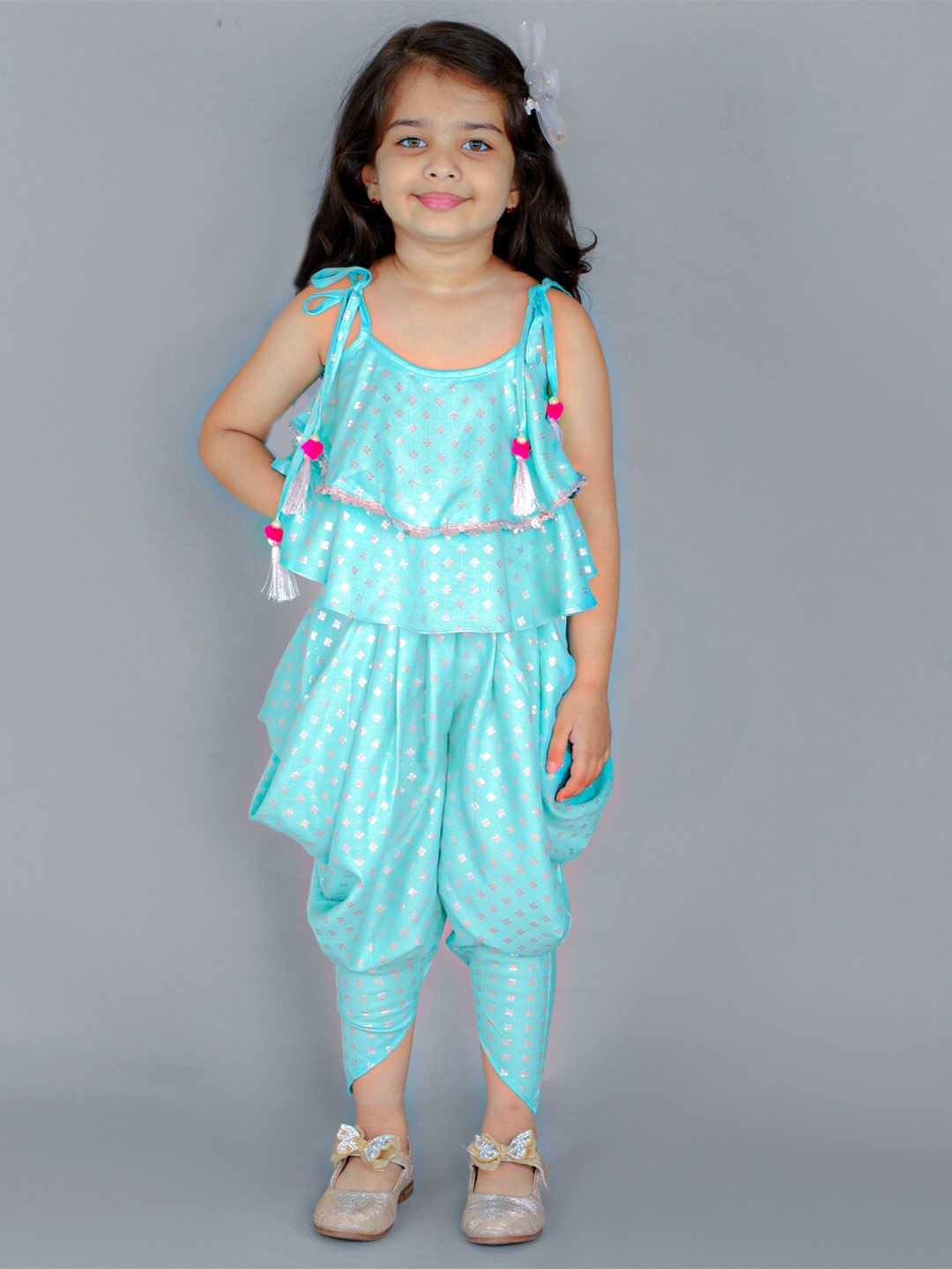 

LIL DRAMA Girls Printed Top with Dhoti Pants, Green