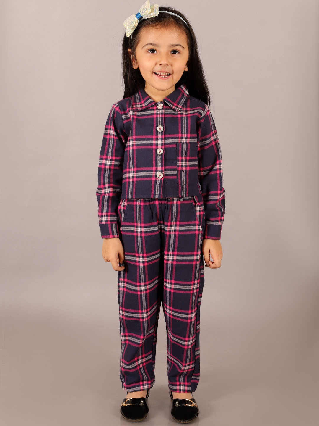 

LIL DRAMA Girls Checked Pure Cotton Top with Trousers, Blue