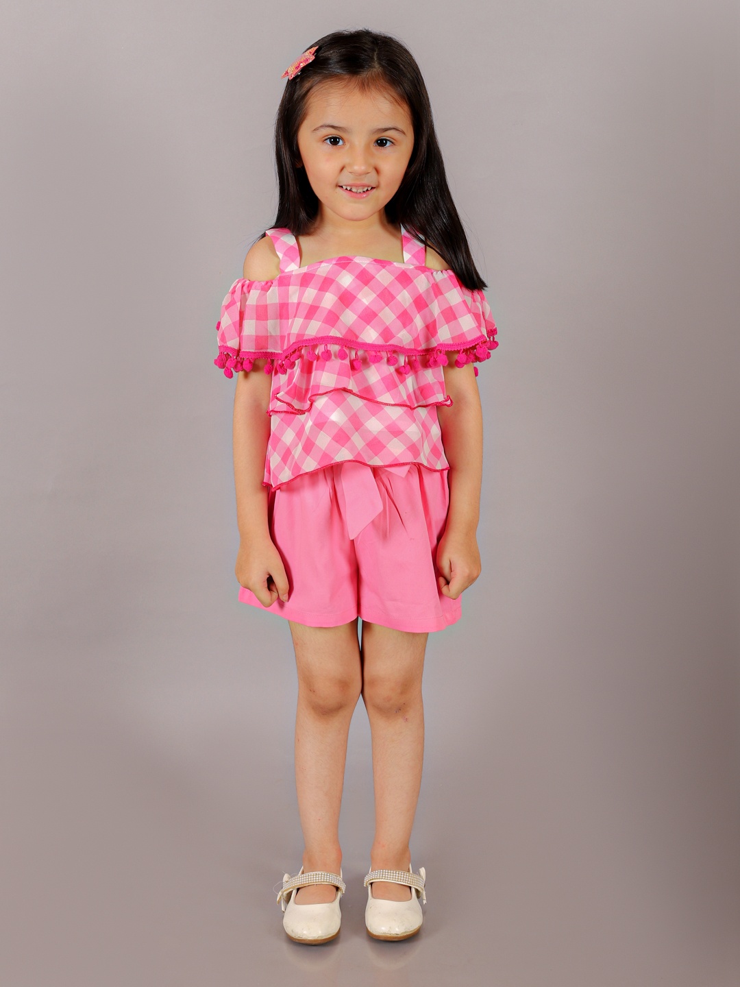 

LIL DRAMA Girls Checked Pure Cotton Top with Shorts, Pink