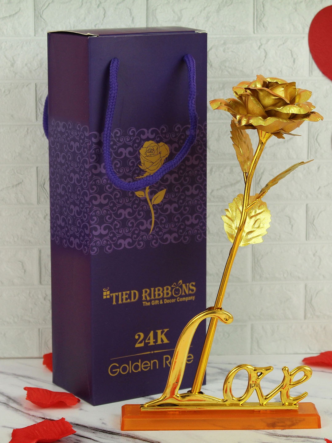 

TIED RIBBONS Blue Valentine Day Golden Artificial Rose Flower Stick & Love Stand Gift Set, Gold