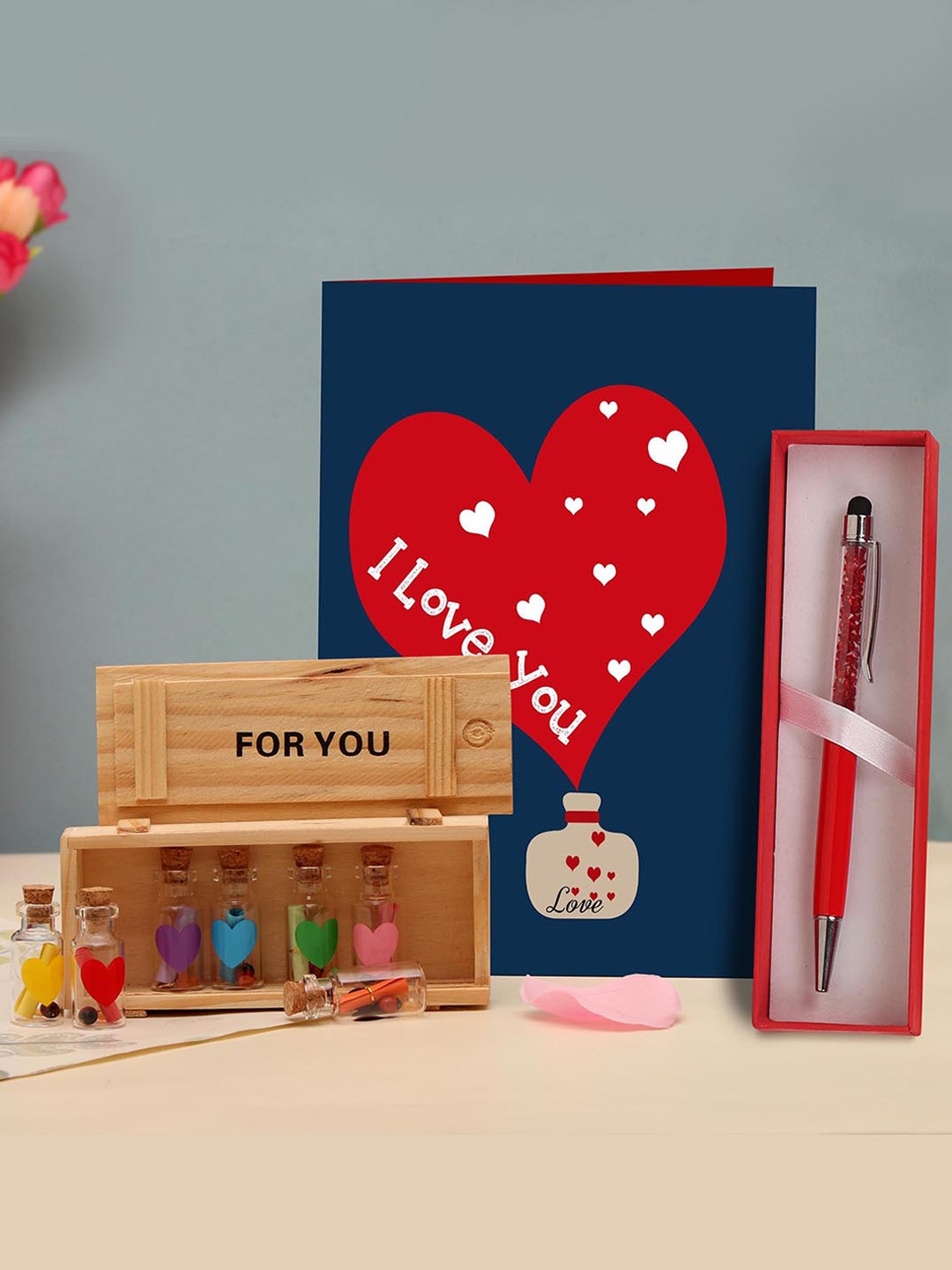 

TIED RIBBONS Valentine Gift Wooden Message Bottle Box with Pen & Card Combo Gift Pack, Red