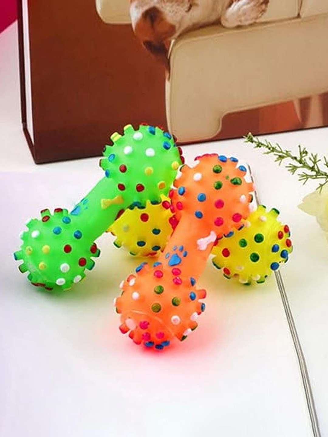 

Emily pets Set Of 3 Textured Dumbbell-Shaped Squeaky Pet Toys, Green
