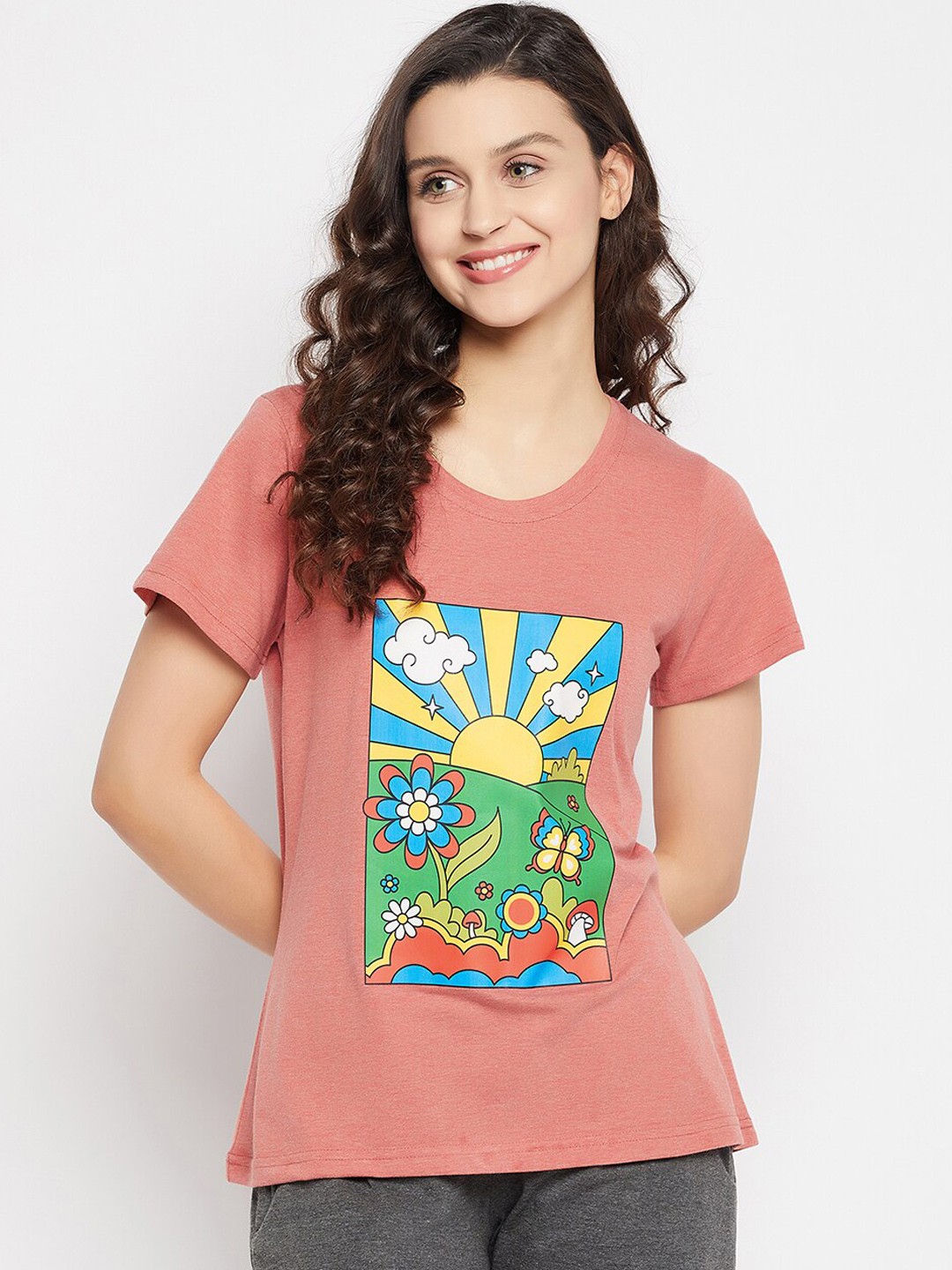 

Clovia Women Graphic Printed Pure Cotton Lounge T-shirt, Orange