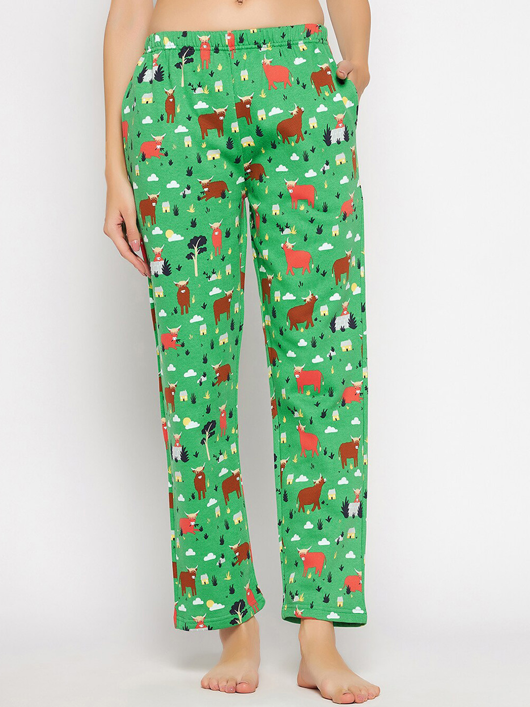 

Clovia Women Christmas Printed Fleece Lounge Pants, Green