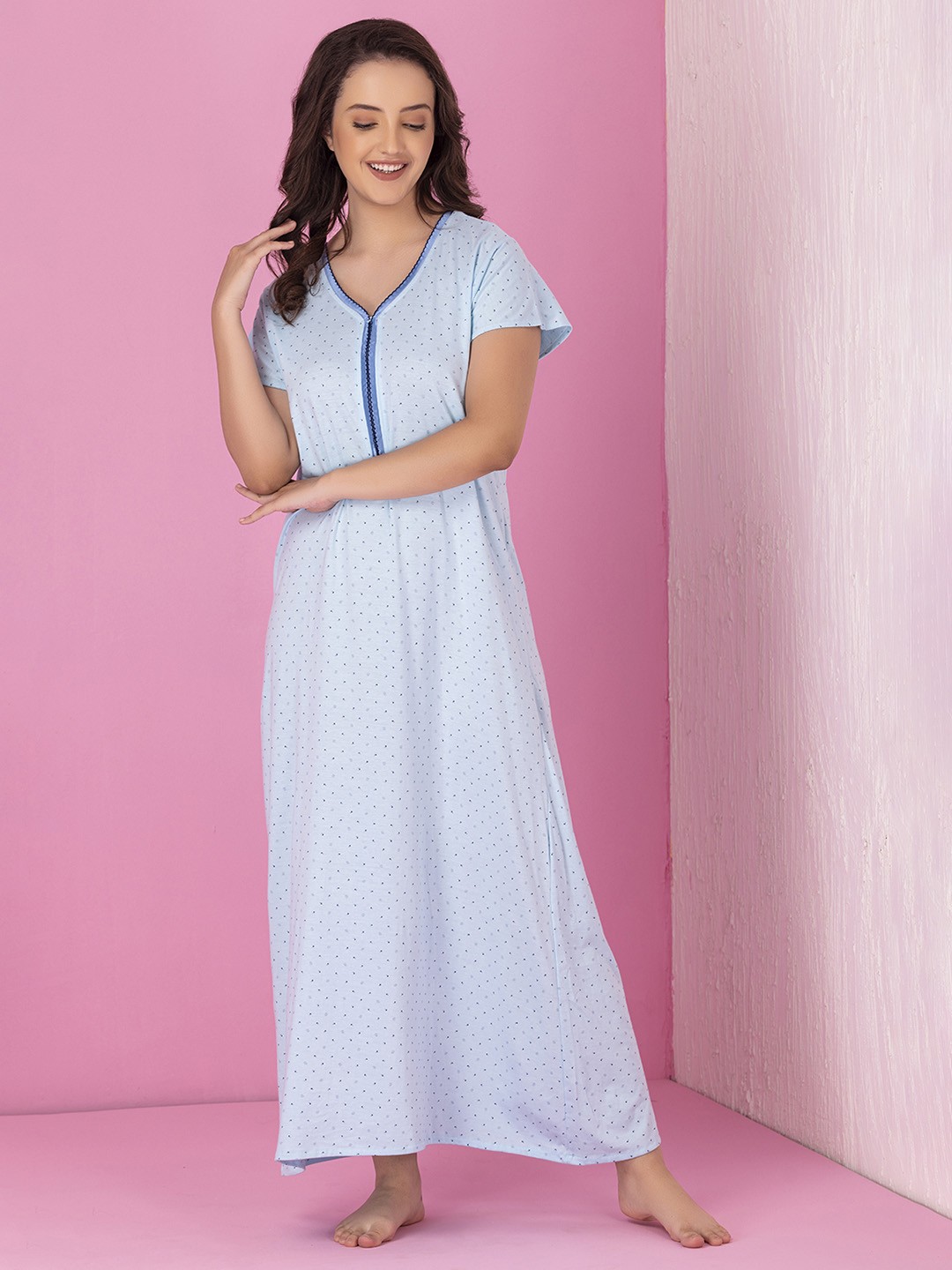 

Clovia Printed Pure Cotton Maxi Nightdress, Blue