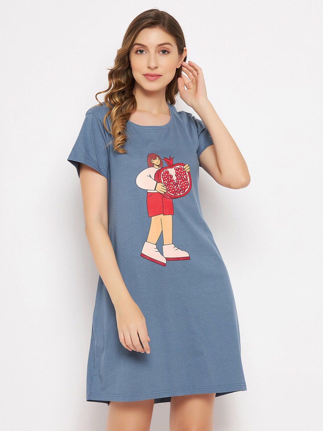 

Clovia Printed Pure Cotton Nightdress, Blue