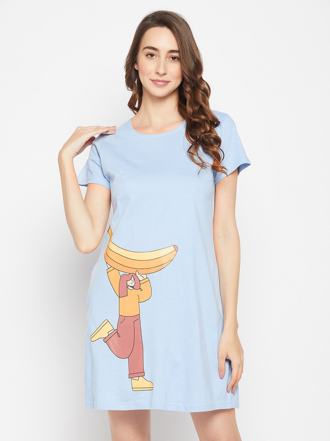 

Clovia Women Banana Print Short Pure Cotton Nightdress, Blue