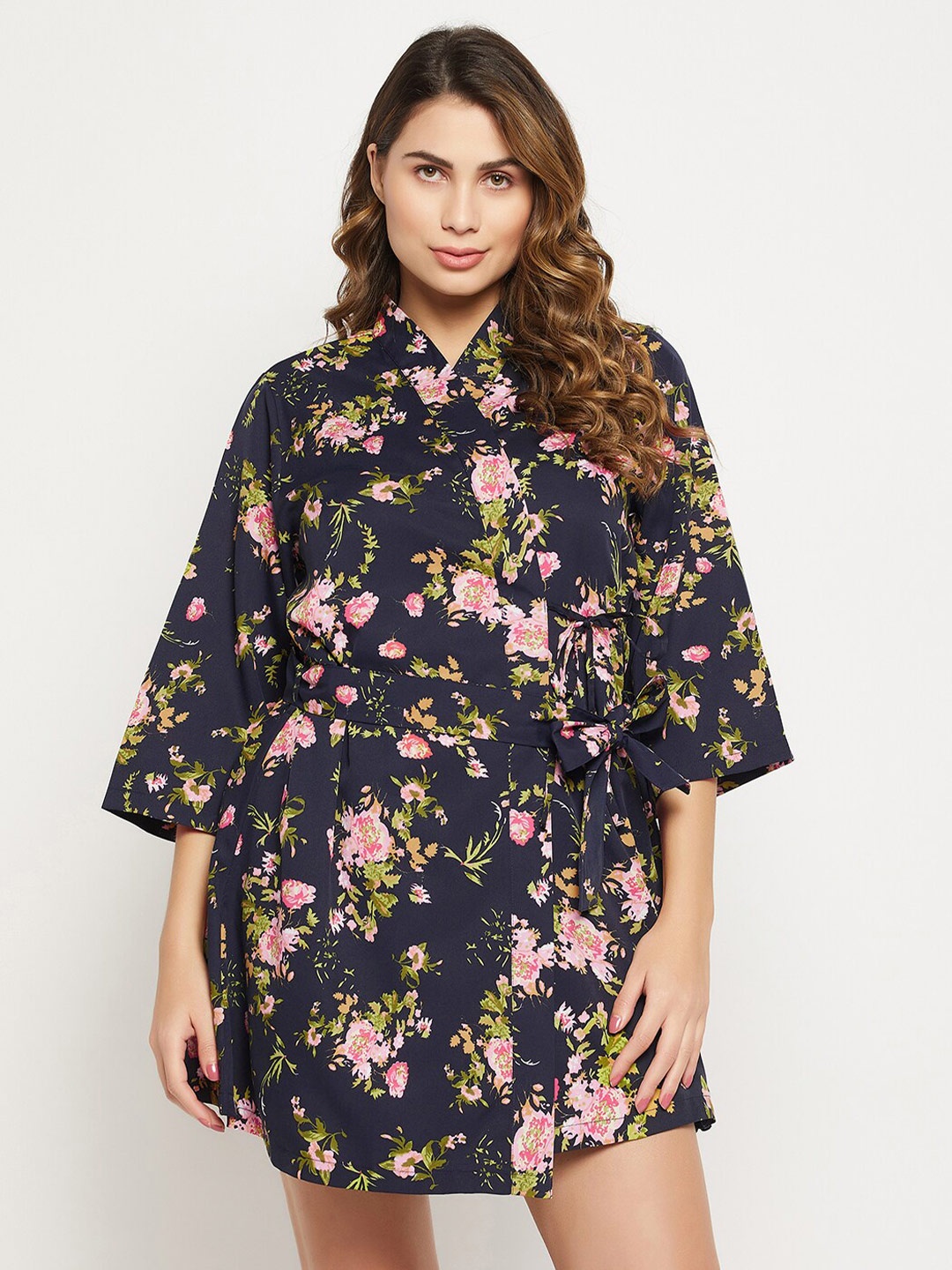 

Clovia Floral Printed Robe Crepe Nightdress, Navy blue