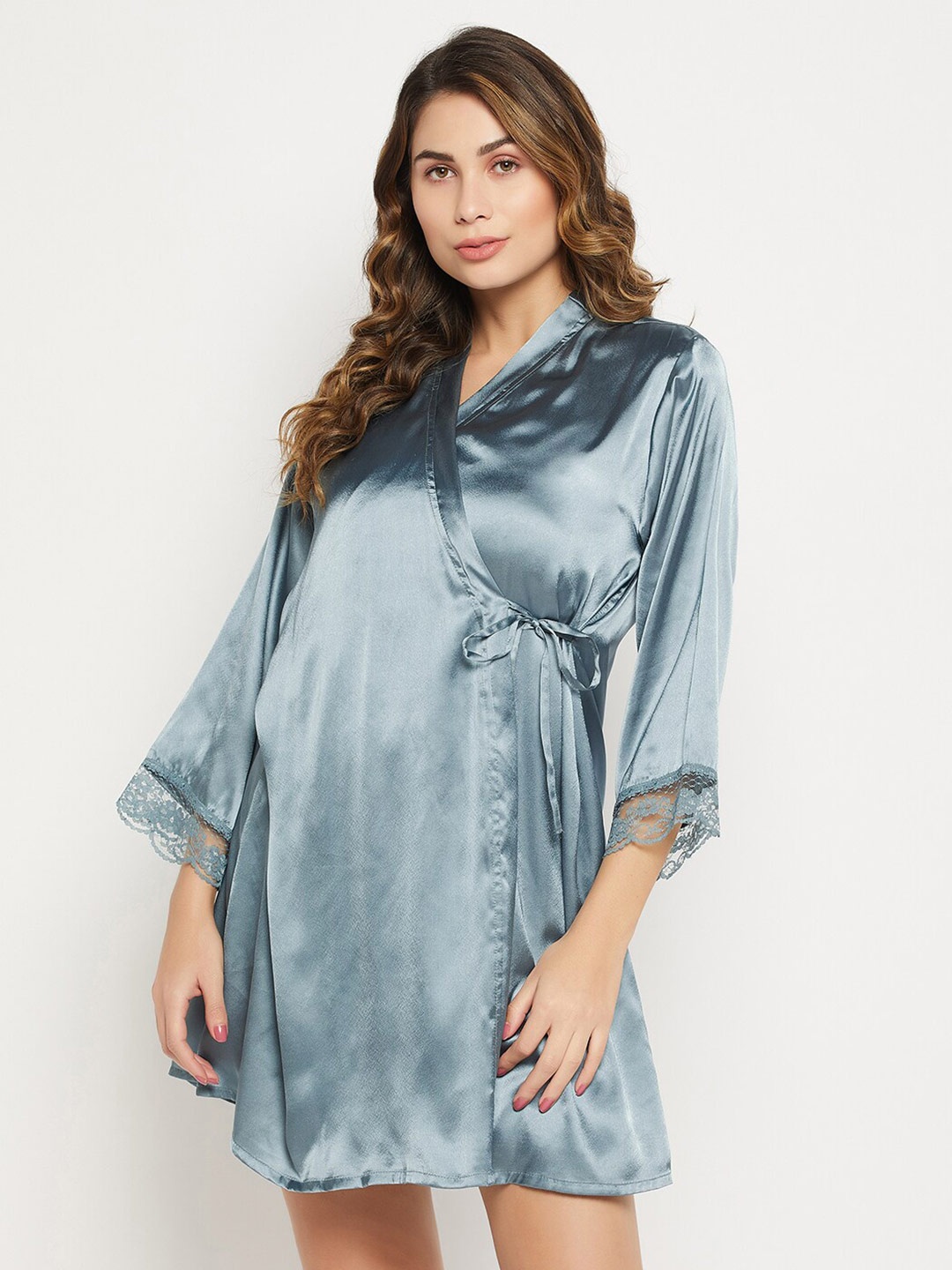 

Clovia Women Satin Nightdress With Robe, Grey