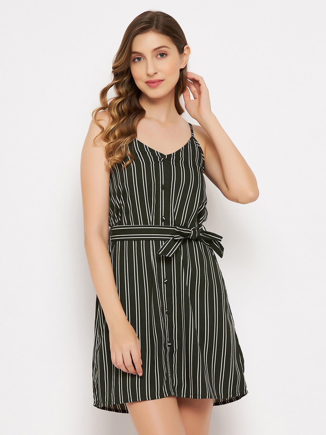

Clovia Striped Belted A-Line Dress, Black