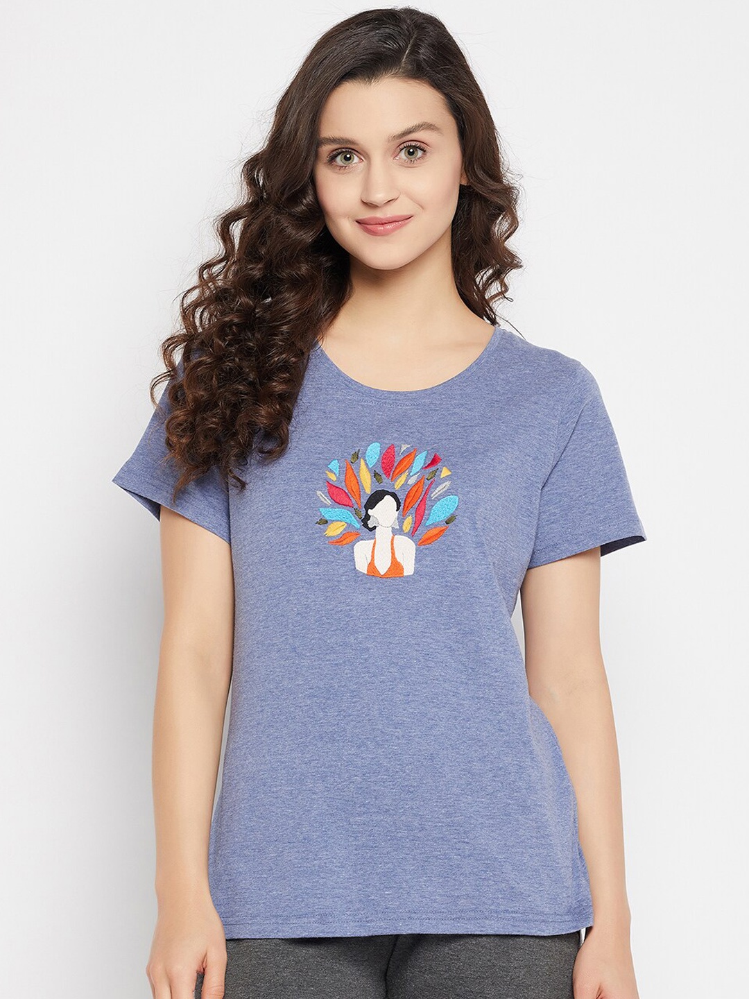 

Clovia Women Graphic Embroidered Pure Cotton Lounge Tshirts, Blue