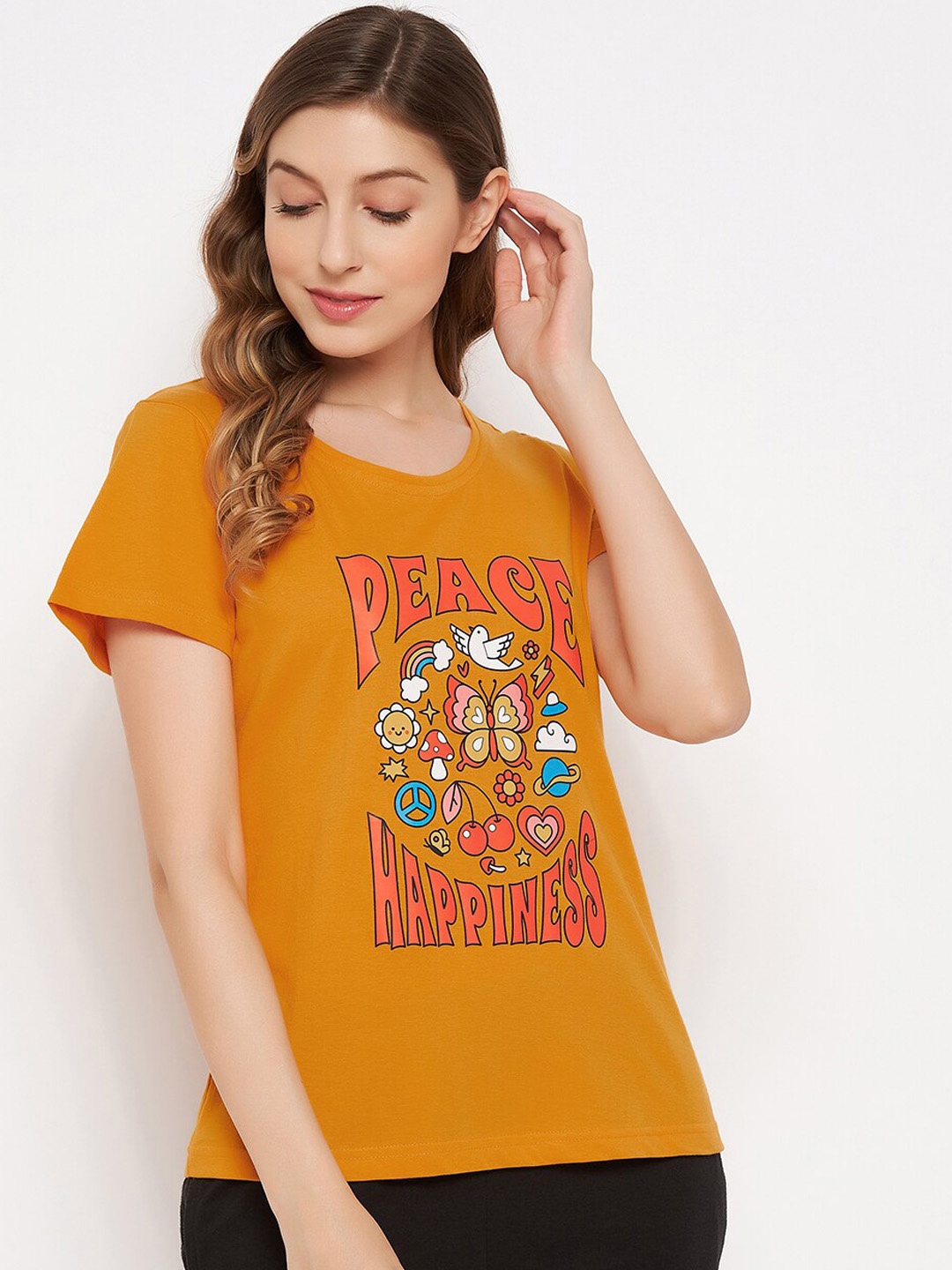 

Clovia Graphic & Text Print Cotton Rich Lounge T-shirt, Mustard