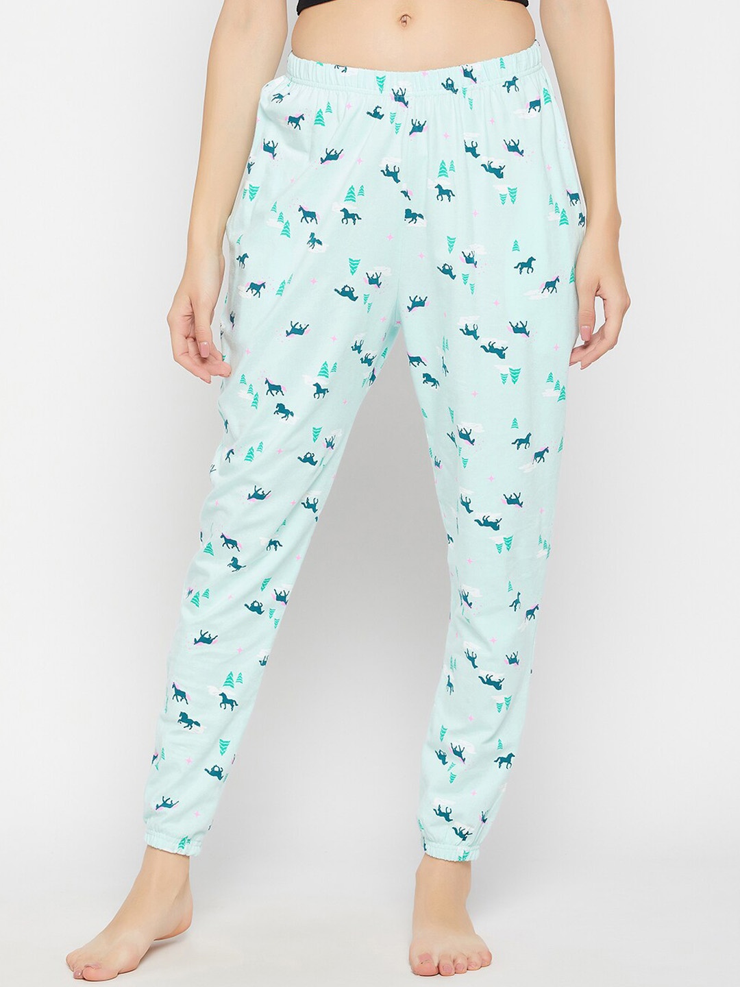 

Clovia Women Unicorn Print Cotton Joggers, Blue