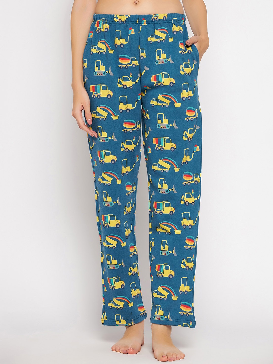 

Clovia Women Trucks Printed Fleece Lounge Pants With Pockets, Blue
