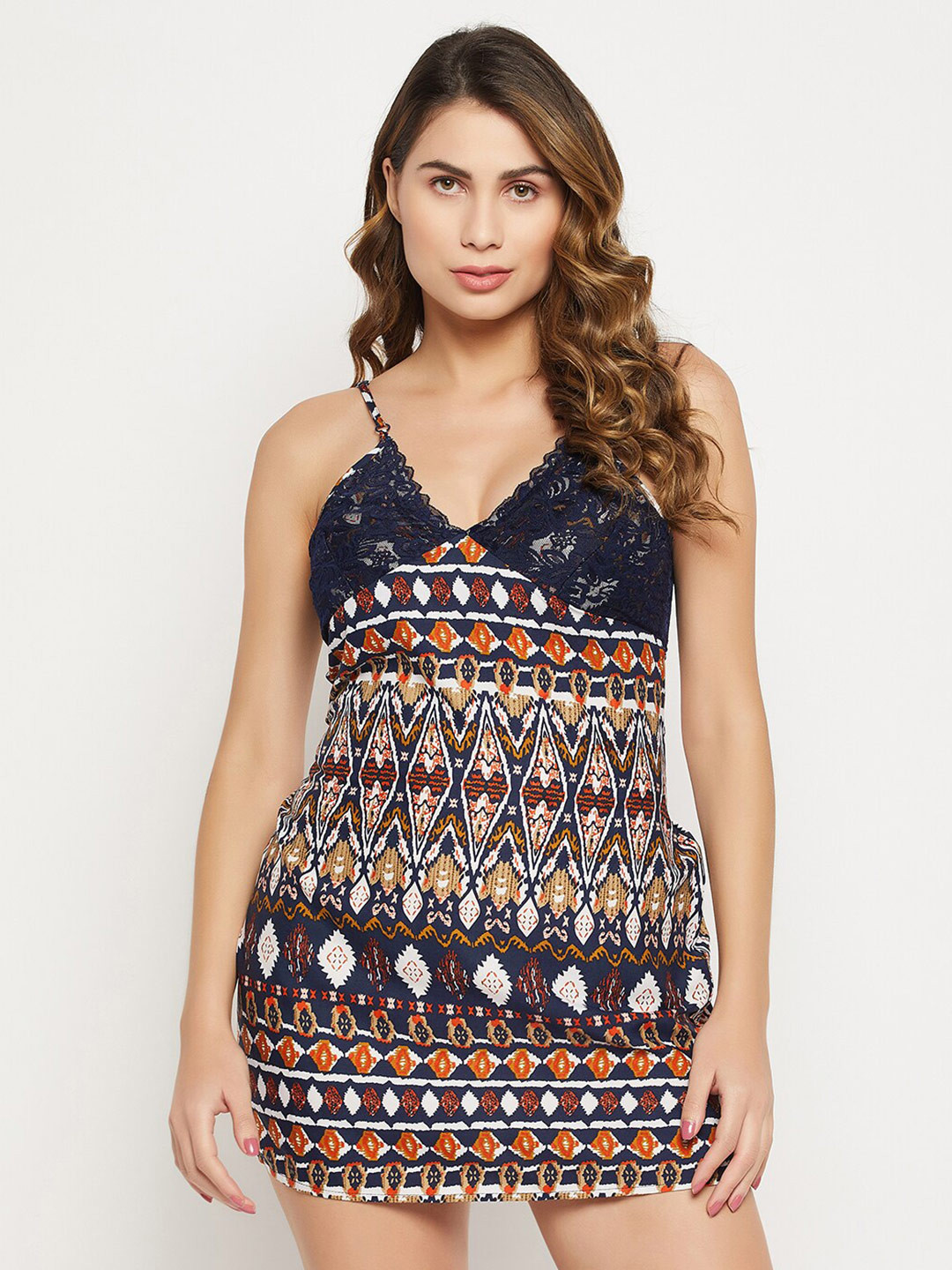 

Clovia Printed Satin Baby Doll, Navy blue