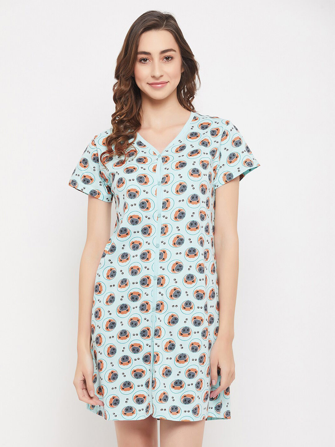 

Clovia Women Dog Print V-Neck Short Front-Open Pure Cotton Nightdress, Blue