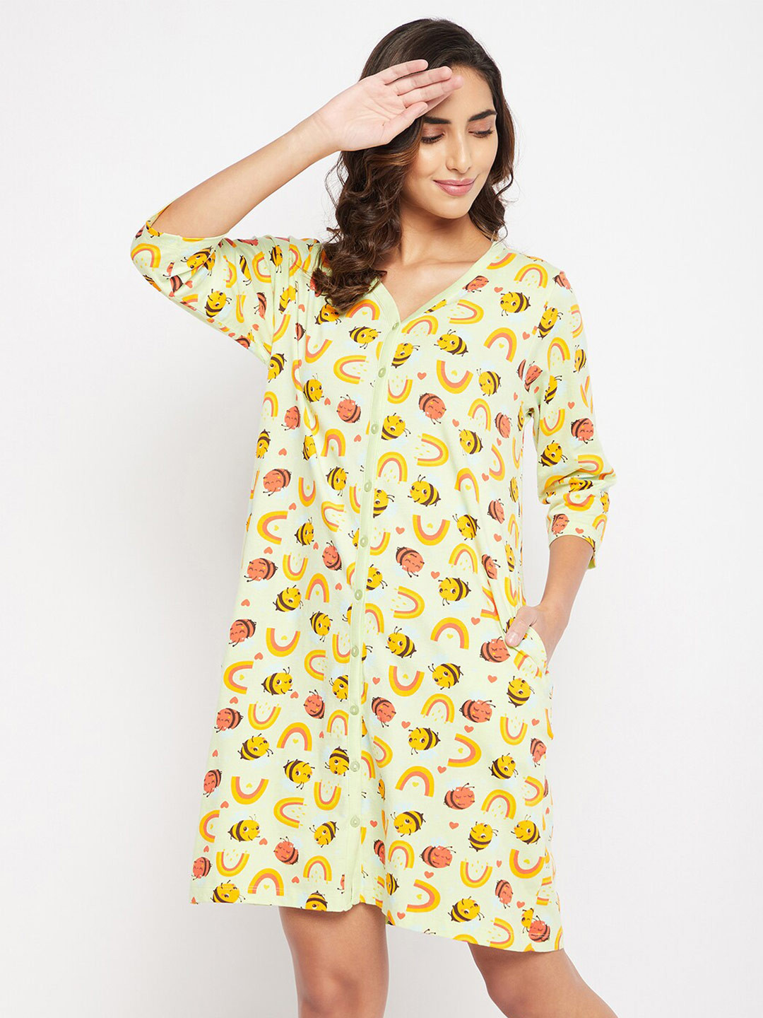 

Clovia Yellow & Red Conversational Printed Pure Cotton T Shirt Nightdress