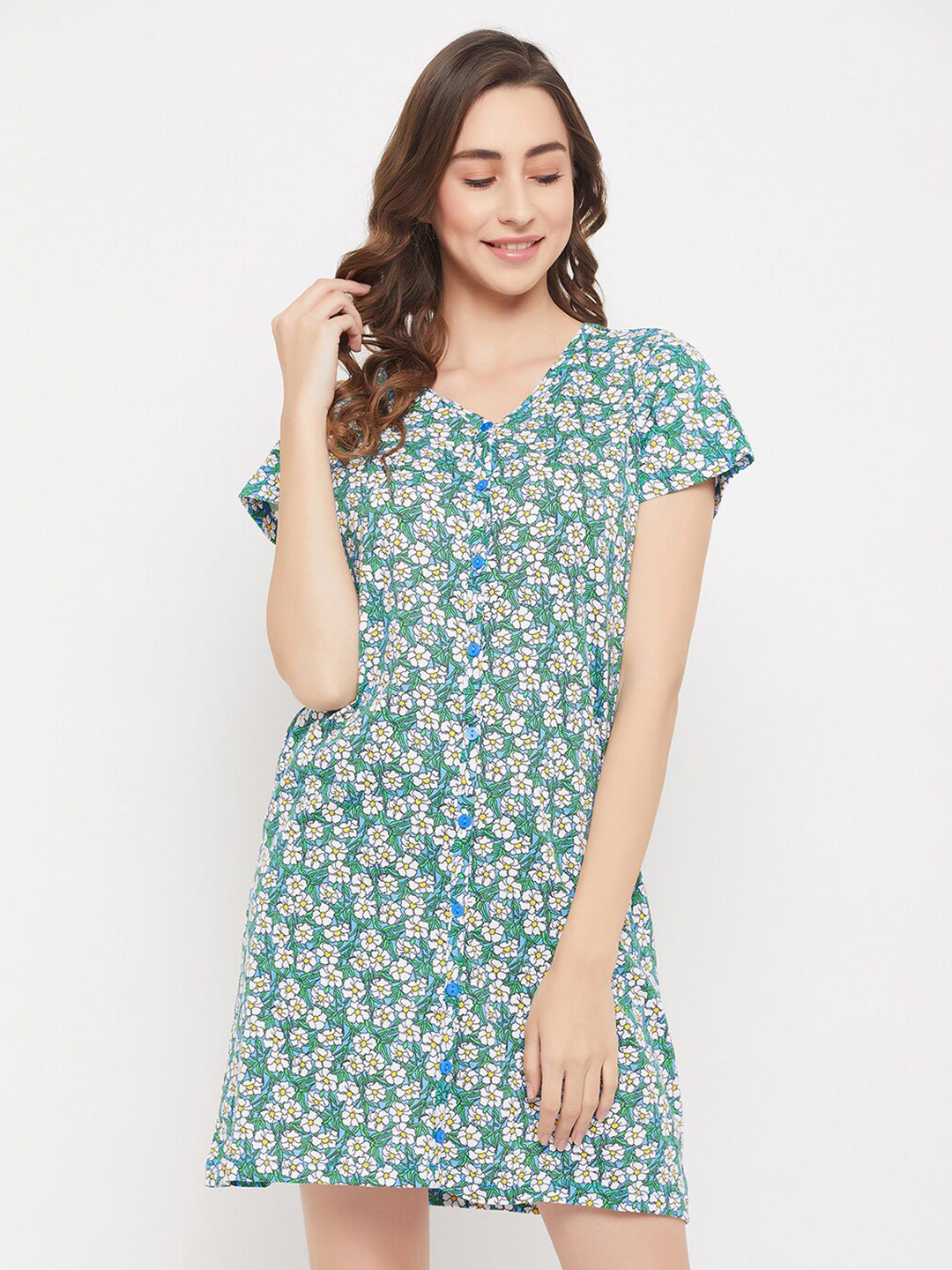 

Clovia Pretty Florals Button Down Short Night Dress, Blue