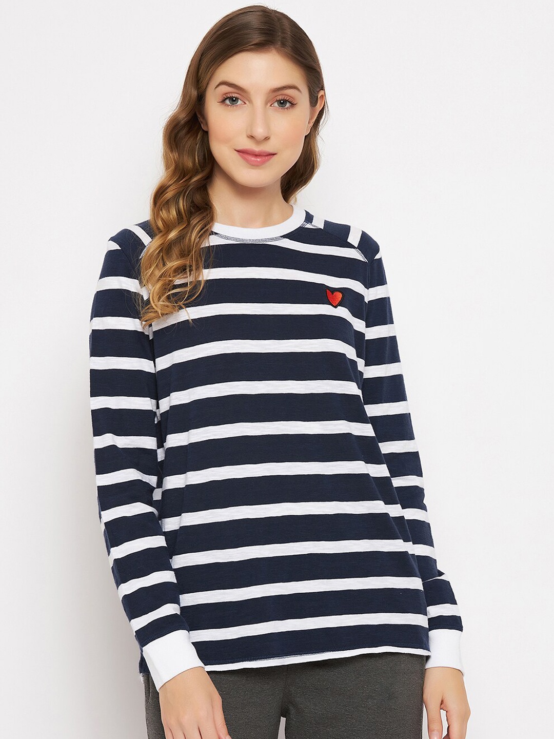 

Clovia Women Striped Pure Cotton Lounge Top, Blue