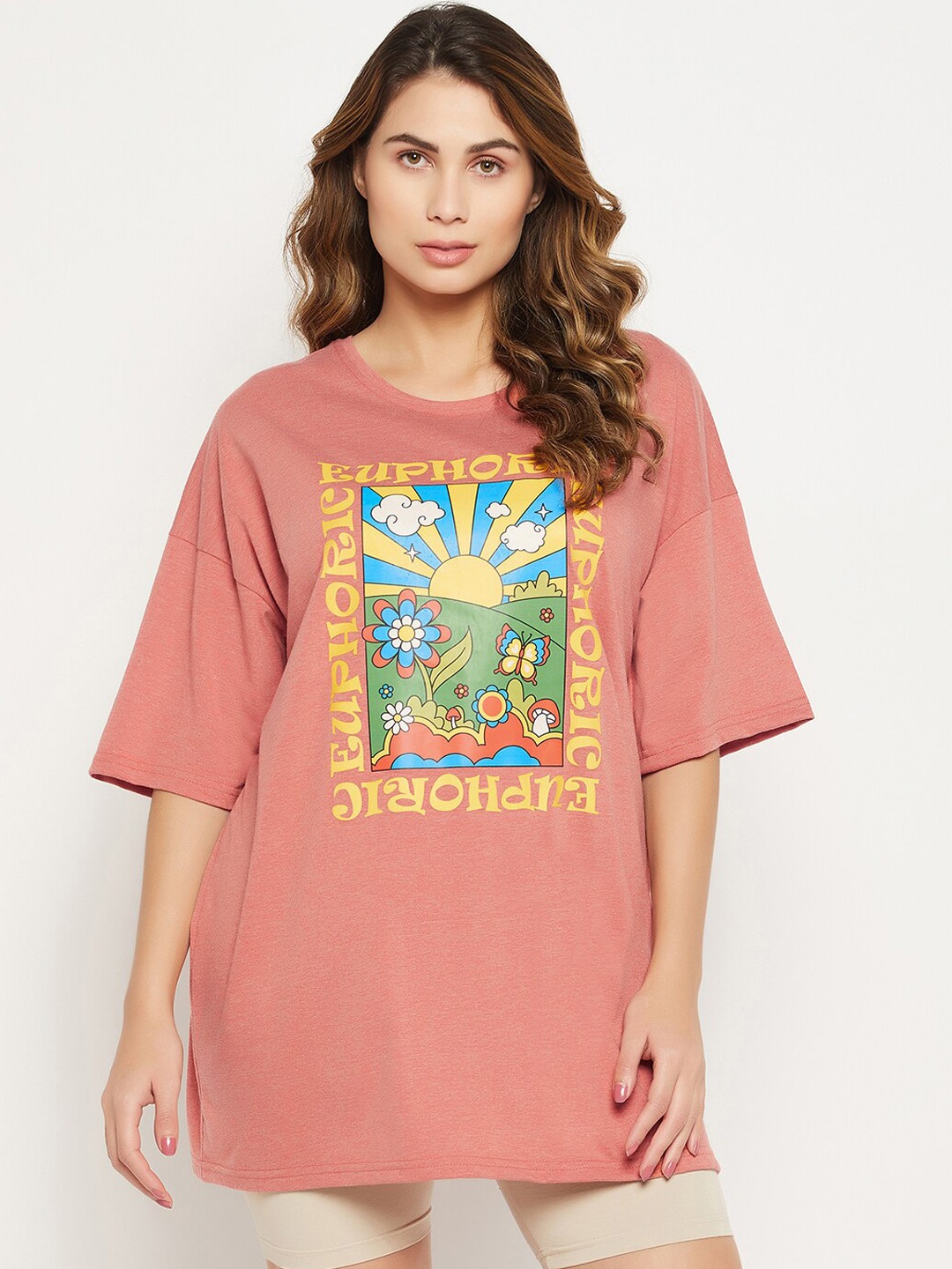 

Clovia Women Text & Graphic Printed Pure Cotton Oversized Lounge Tshirts, Peach