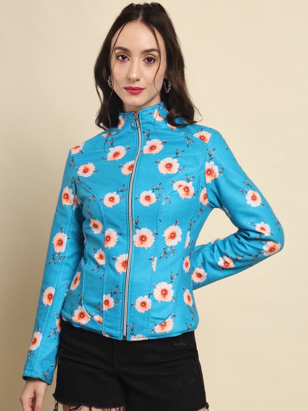 

Darzi Women Floral Fleece Tailored Jacket, Blue