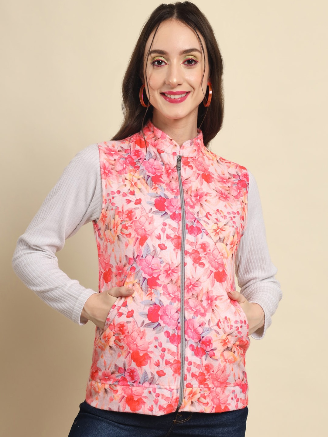 

Darzi Women Pink Floral Fleece Bomber Jacket