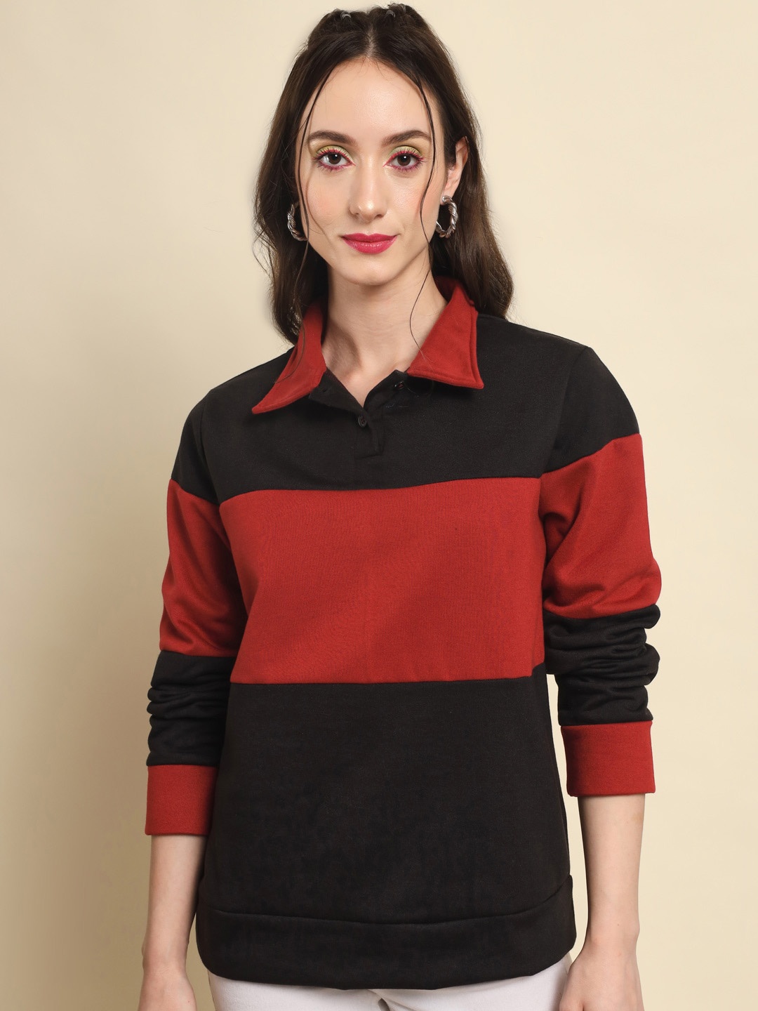 

Darzi Women Fleece Colourblocked Sweatshirt, Red