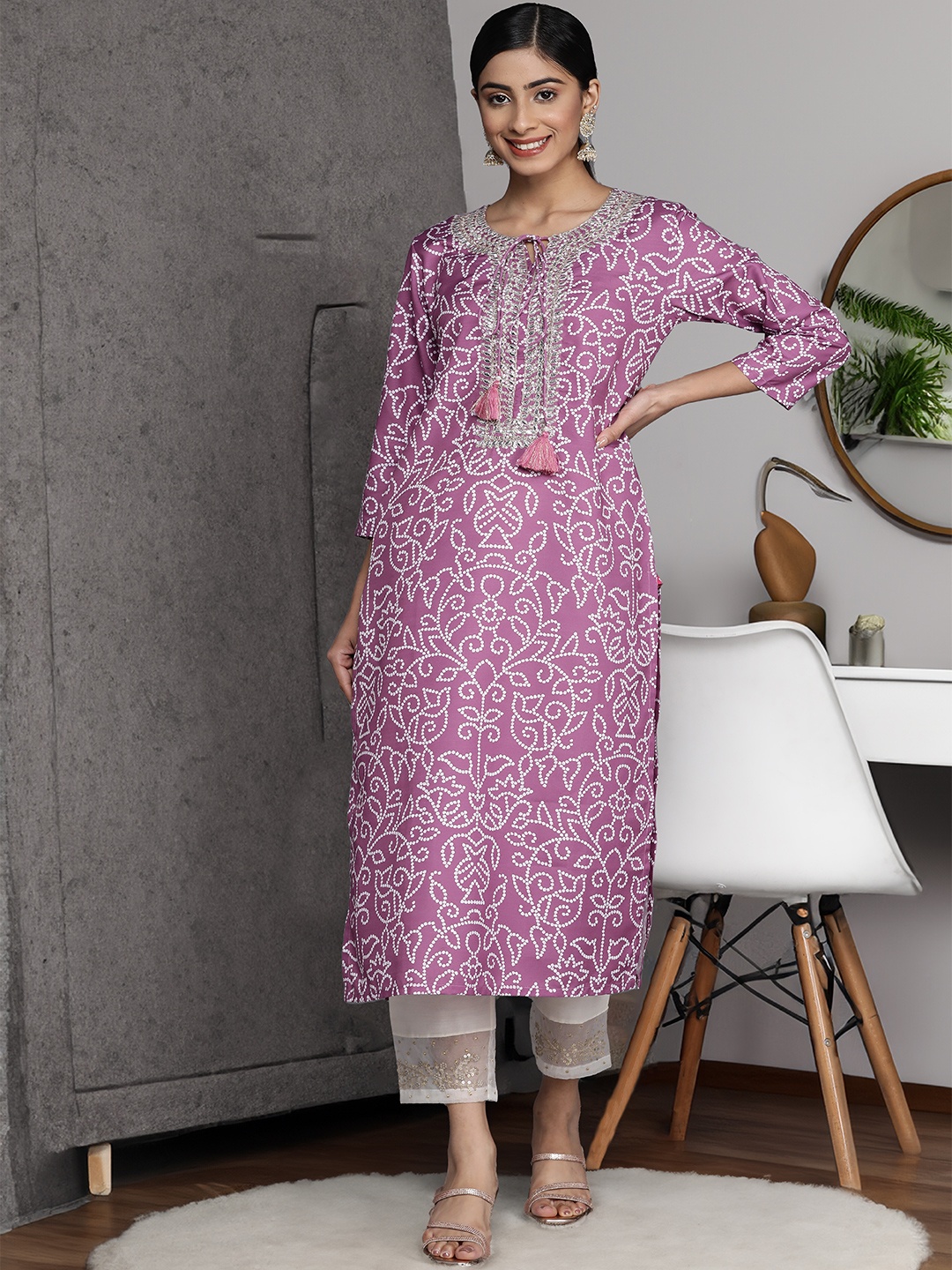 

Varanga Women Purple Bandhani Gota & Mirror Work Embroidered Tie-Up Neck Cotton Kurta