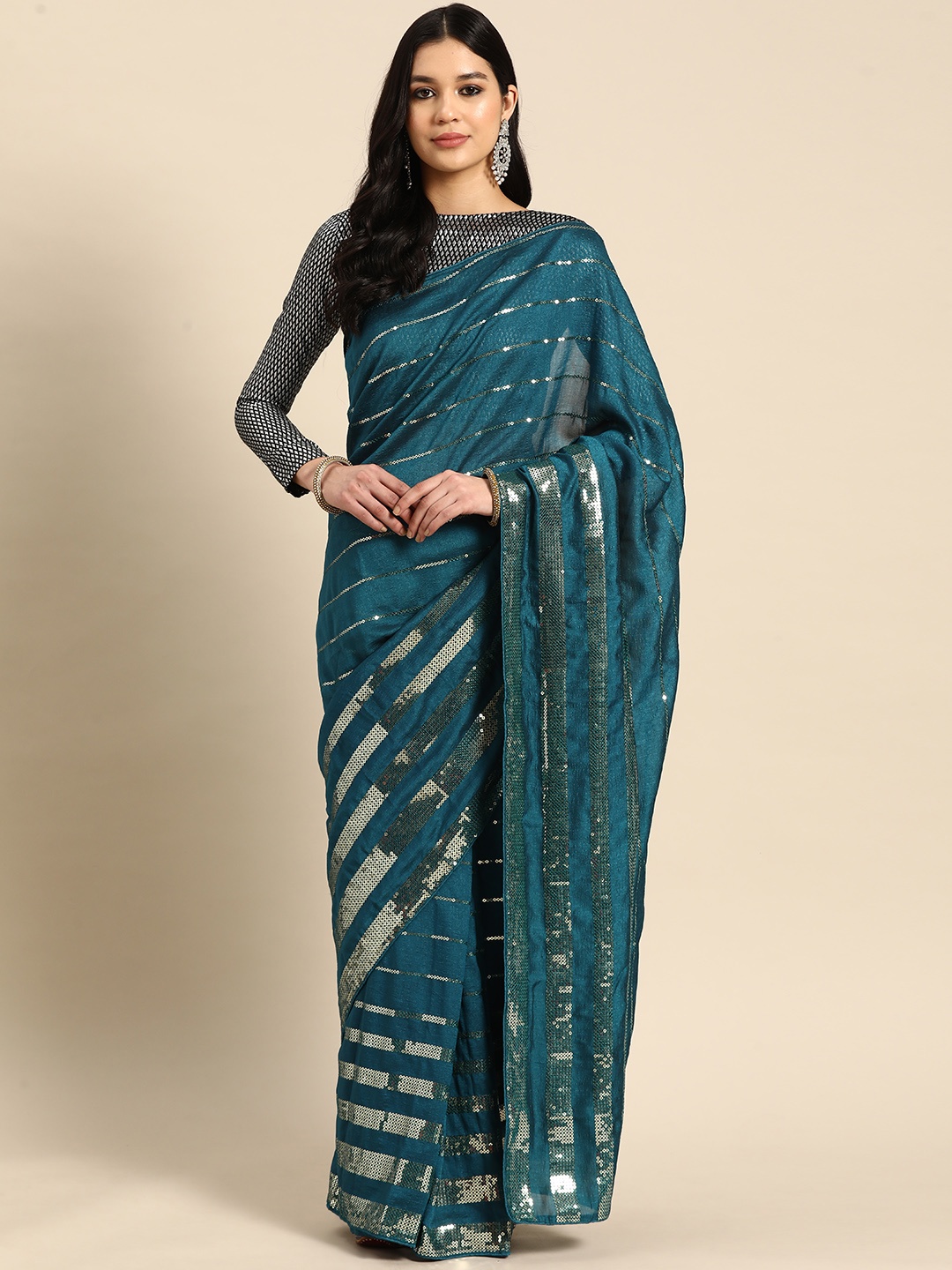 

3BUDDY FASHION Striped Sequinned Art Silk Venkatgiri Saree, Teal