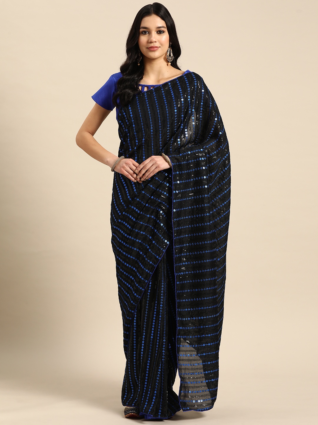 

3BUDDY FASHION Striped Sequinned Art Silk Heavy Work Dharmavaram Saree, Blue