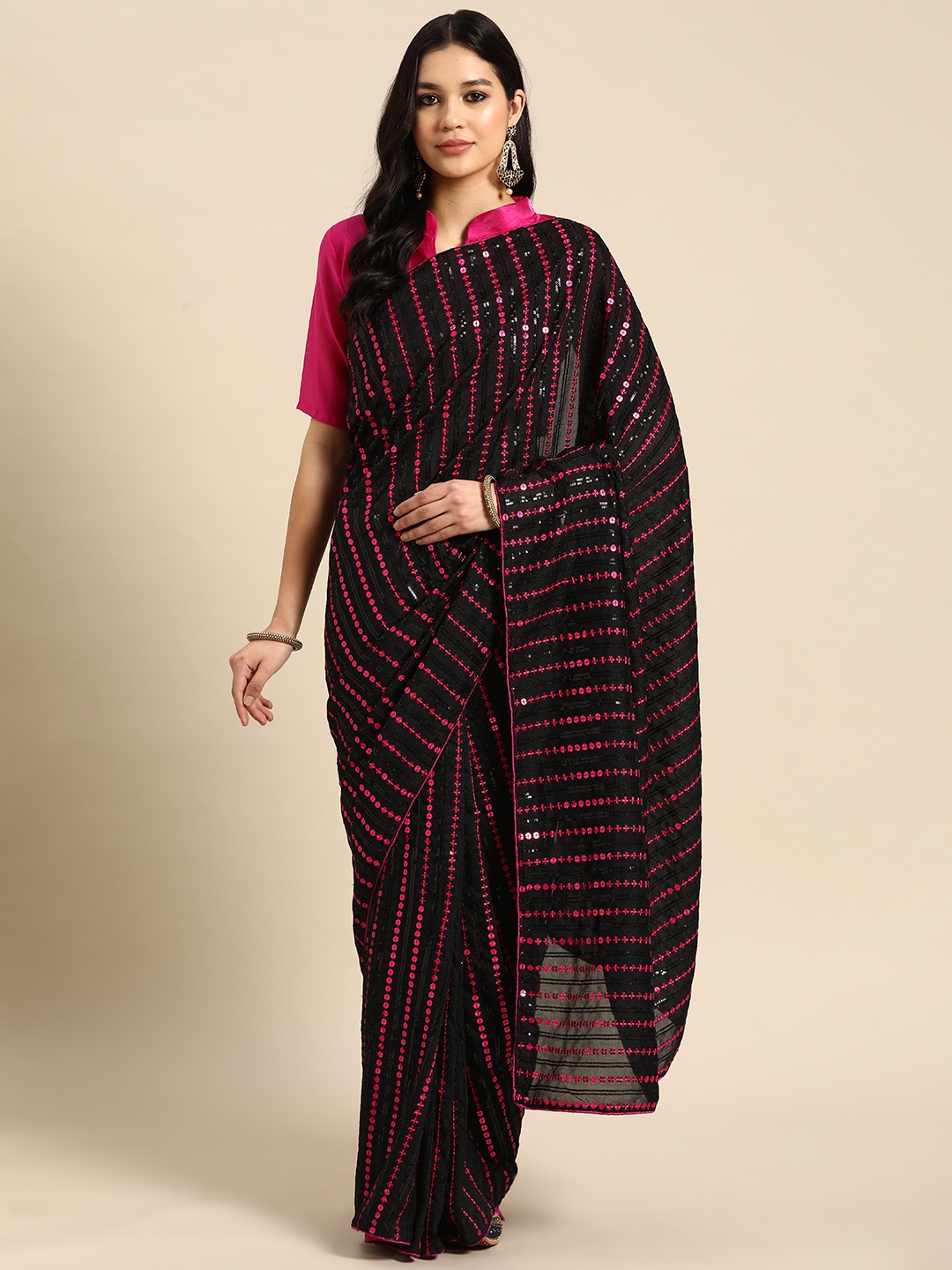 

3BUDDY FASHION Striped Sequinned Art Silk Heavy Work Dharmavaram Saree, Pink