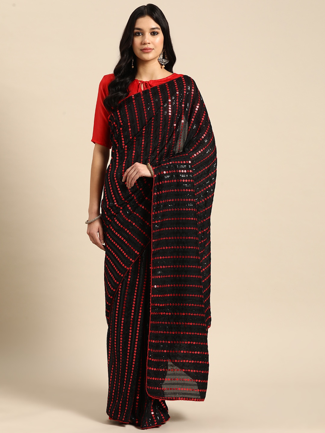 

3BUDDY FASHION Striped Sequinned Art Silk Heavy Work Dharmavaram Saree, Red